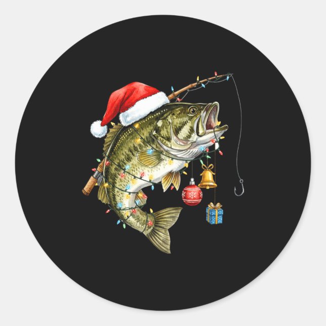 B Fish Festive Lights Christmas Funny Fishing Long Classic Round Sticker (Front)