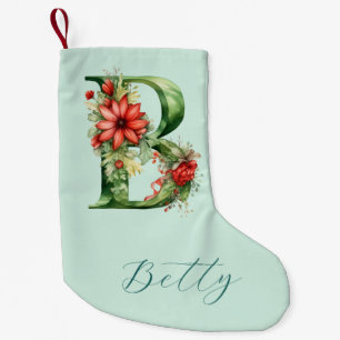 (B) Floral Monogram Green Watercolor Holidays Small Christmas Stocking