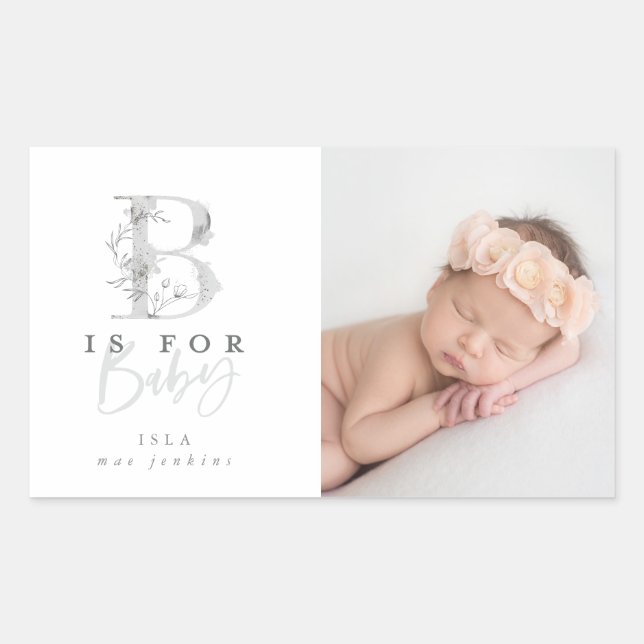 B is for baby birth announcement sticker. rectangular sticker (Front)