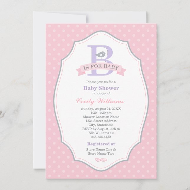B is for Baby Girl Pink Baby Shower Invitation (Front)