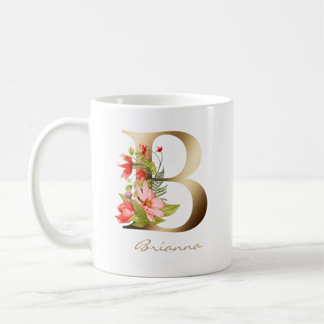 B Letter | Floral Gold Monogram Coffee Mug (Left)