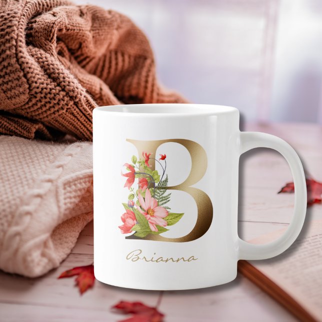 B Letter Gold Monogram | Red Orange Green Floral Large Coffee Mug (Creator Uploaded)