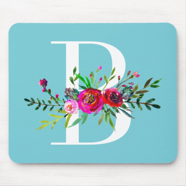 B Letter Initial Monogram Floral Custom Colour Mouse Mat (Front)