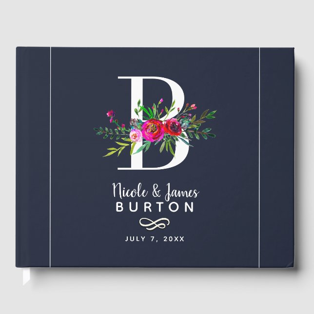 B Letter Initial Monogram Floral Name Wedding Guest Book (Front)