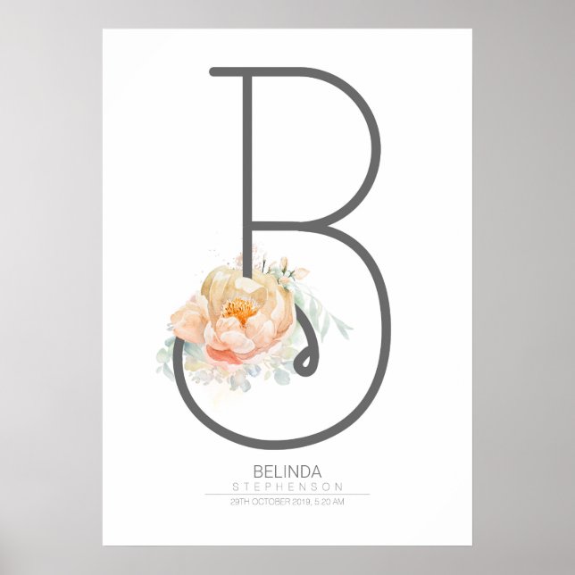 B Letter Monogram Blush Peach Floral Home Decor (Front)