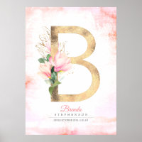 B Letter Monogram Gold Leaves Pink Magnolia Floral