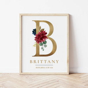 B Letter Monogram Name Marsala Floral Nursery Poster
