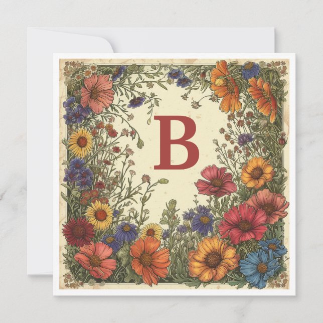 "B" Milano Red: Bloom & Monogram Holiday Card (Front)