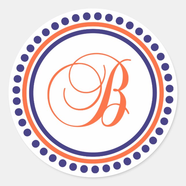 B Monogram (Blue / Orange Dot Circle) Classic Round Sticker (Front)