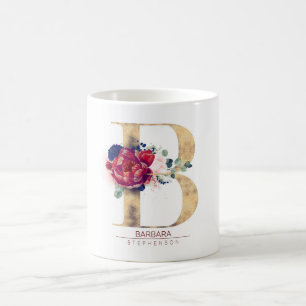 B Monogram Floral Burgundy Red and Navy Blue Coffee Mug