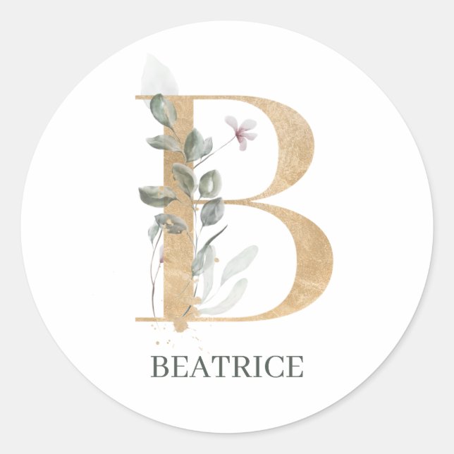 B Monogram Floral Personalised Classic Round Stick Classic Round Sticker (Front)