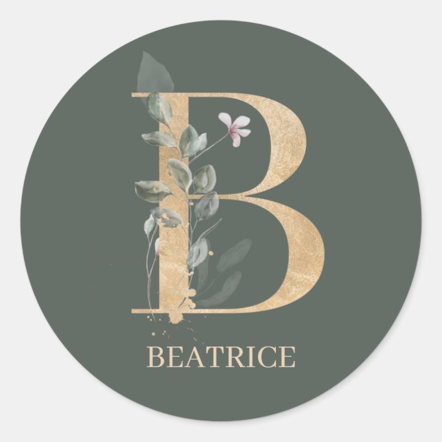 B Monogram Floral Personalised Classic Round Sticker (Front)