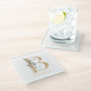 B Monogram Floral Personalised Glass Coaster