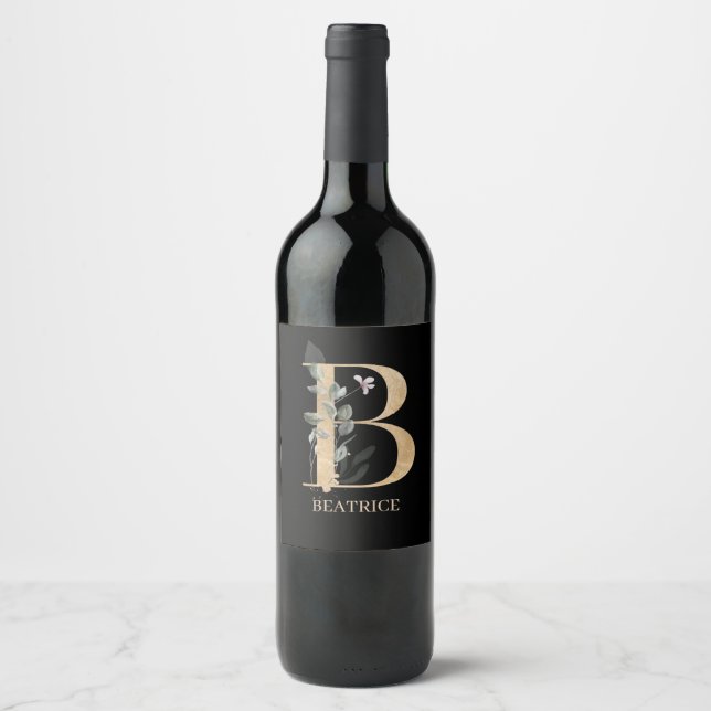 B Monogram Floral Personalised Wine Label (Front)