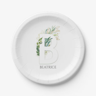 B Monogram Gold Greenery Leaves Elegant Name Paper Plate