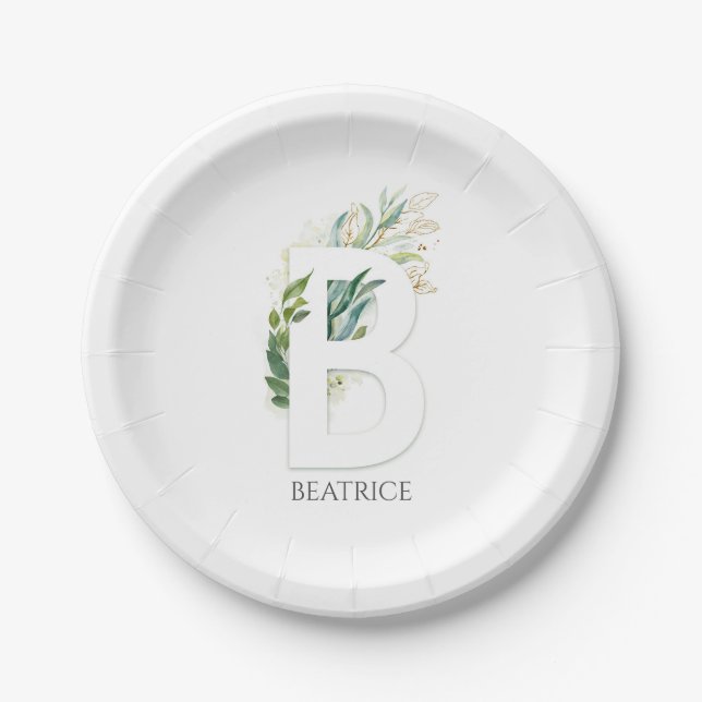 B Monogram Gold Greenery Leaves Elegant Name Paper Plate (Front)