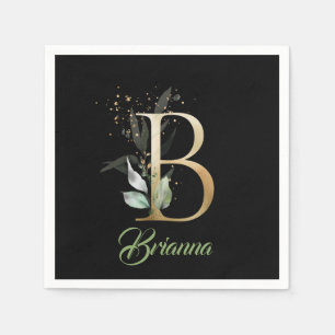 B monogram greenery eucalyptus gold glitter black napkin
