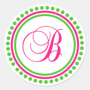 B Monogram (Hot Pink / Green Dot Circle) Classic Round Sticker