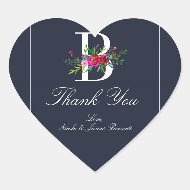 B Monogram Last Initial Modern Blue Floral Wedding Heart Sticker (Front)