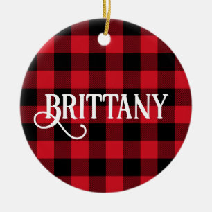 B Monogram Letter Buffalo Check Photo Ceramic Tree Decoration