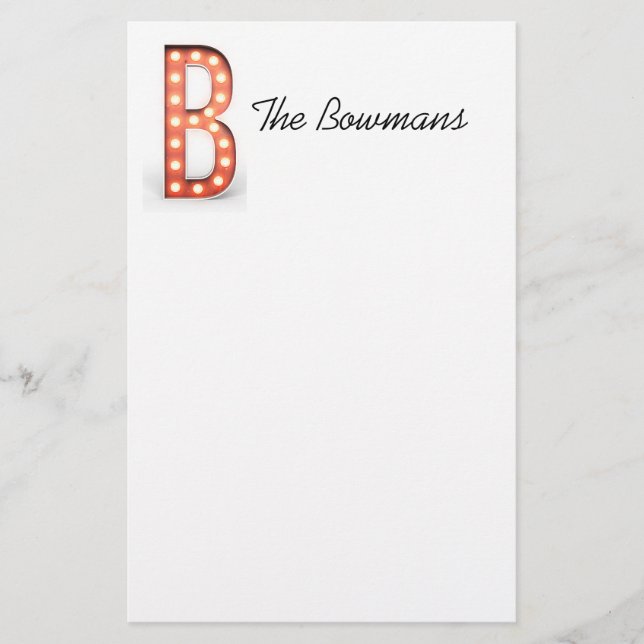 B Monogram Marquee Bulb Personalise Stationery (Front)