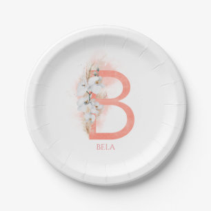 B Monogram Name Pampas Grass White Orchids Paper Plate