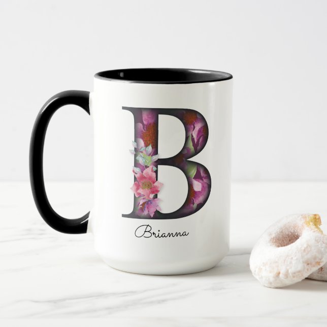 B Monogram Purple Floral Personalised Name Mug (With Donut)