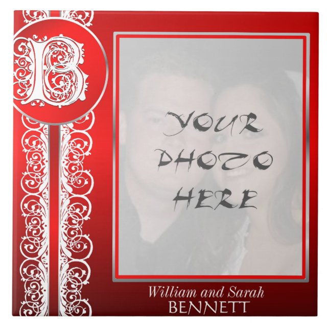 B Monogram "White Lace on Red" with Photo - Tile (Front)