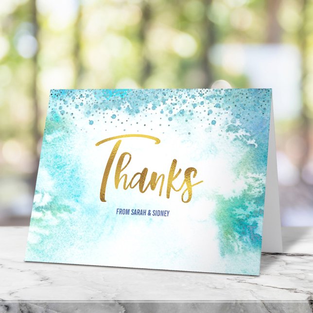 B’nai Mitzvah Gold Script on Turquoise Watercolor Thank You Card (Creator Uploaded)