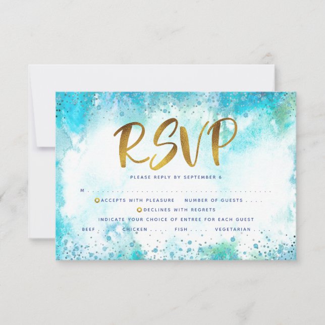 B’nai Mitzvah gold turquoise watercolor entrée RSVP Card (Front)
