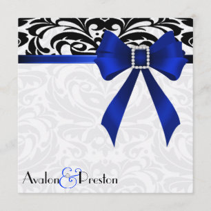 B&W Brocade Blue Bow Damask Wedding Invitation