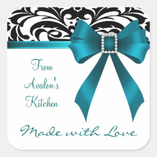 B&W Brocade Teal Bow Baking Stickers