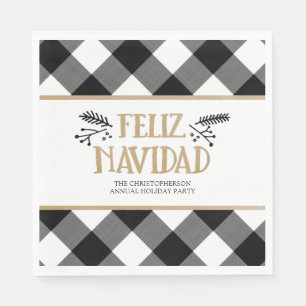 B&W Buffalo Check Brown Kraft Feliz Navidad Napkin