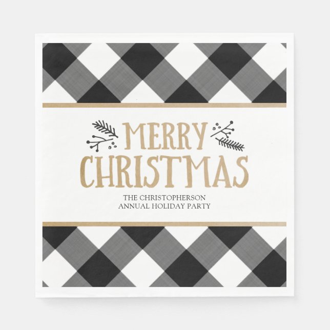 B&W Buffalo Check Brown Kraft Merry Christmas Napkin (Front)