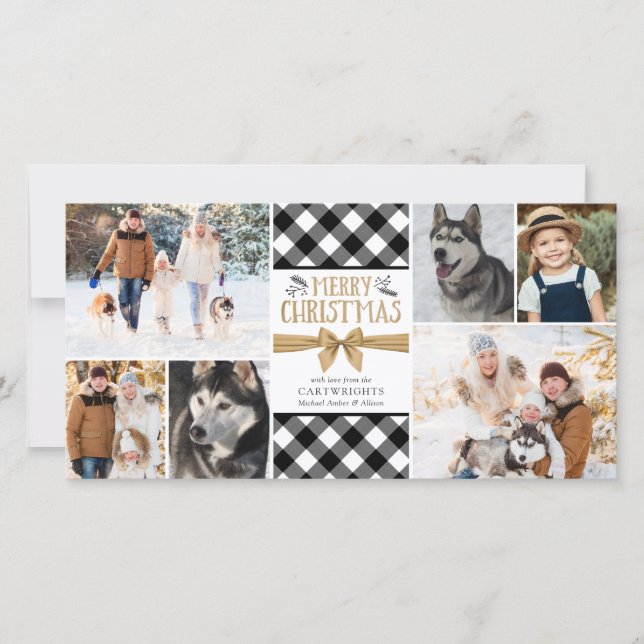 B&W Buffalo Check Gold Brown MERRY CHRISTMAS Holiday Card (Front)