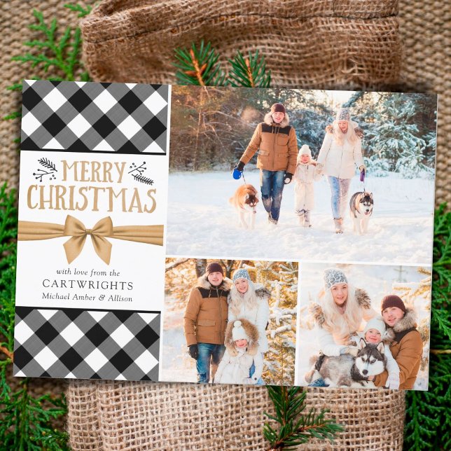 B&W Buffalo Check Gold Brown MERRY CHRISTMAS Holiday Card (Creator Uploaded)