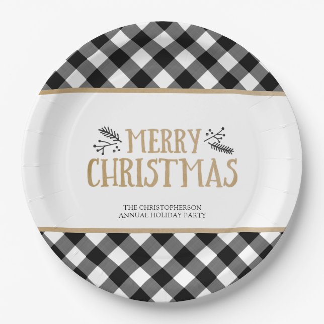 B&W Buffalo Check MERRY CHRISTMAS Personalised Paper Plate (Front)