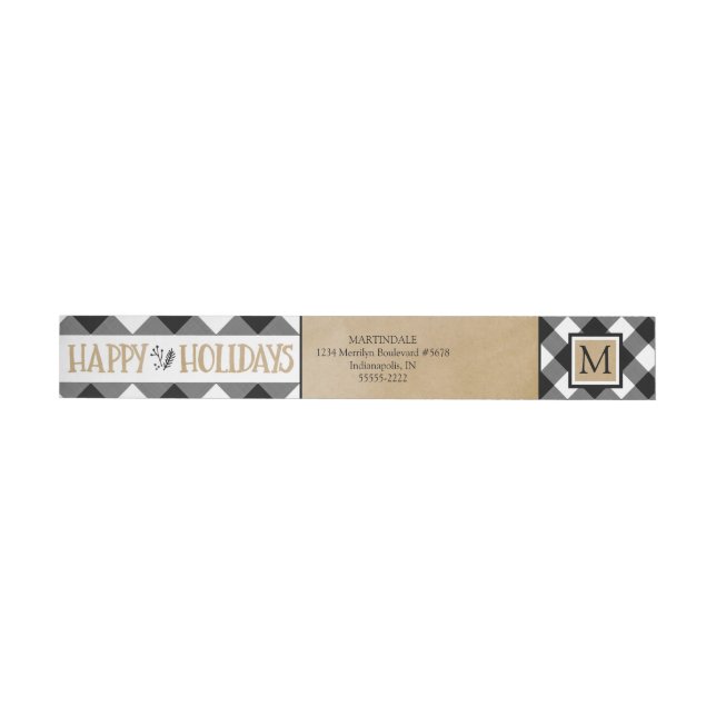 B&W Buffalo Check Monogram HAPPY HOLIDAYS Wrap Around Label (Individual)