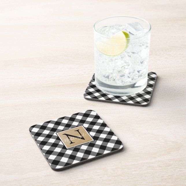 B&W Buffalo Check Plaid Monogram (name optional) Coaster (Right Side)