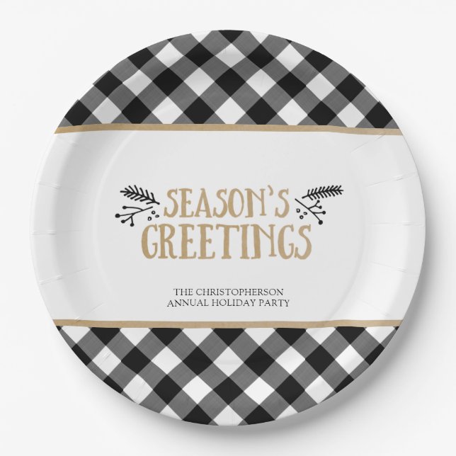 B&W Buffalo Check SEASONS GREETINGS Personalised Paper Plate (Front)