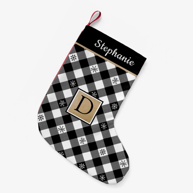 B&W Buffalo Check Snowflake Plaid Monogram Name Small Christmas Stocking (Front (Hanging))