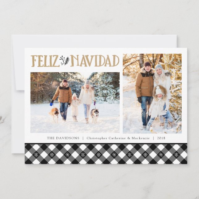 B&W Buffalo Check Snowflakes | Feliz Navidad Holiday Card (Front)