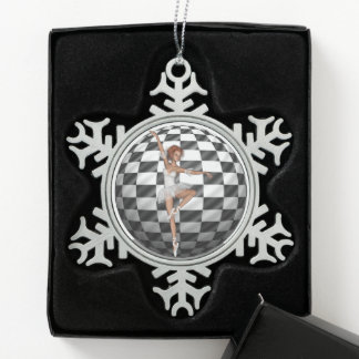 B&W Chequered Sphere Ballerina Dancing Snowflake Pewter Christmas Ornament