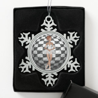 B&W Chequered Sphere Ballerina Standing Snowflake Pewter Christmas Ornament
