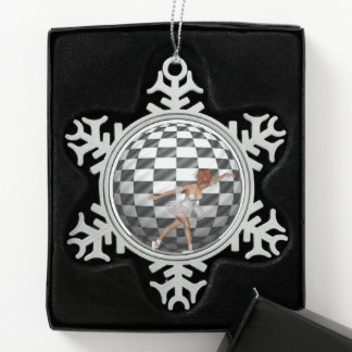 B&W Chequered Sphere Pretty Ballerina Dance Snowflake Pewter Christmas Ornament