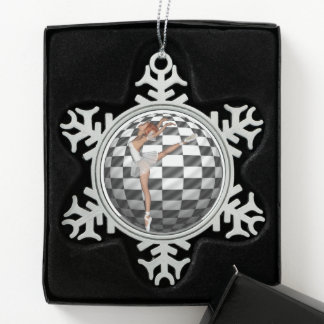 B&W Chequered Sphere Pretty Ballerina Dancing Snowflake Pewter Christmas Ornament