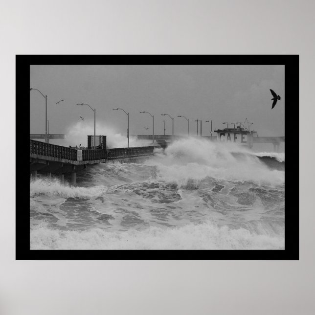 B&W Crash of a fierce storm ocean wave Poster (Front)