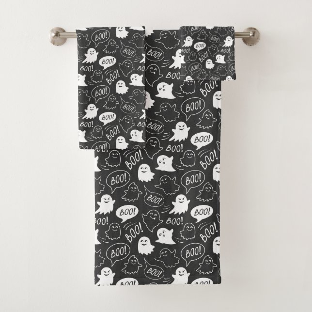 B&W Cute Doodle Halloween Pattern Bath Towel Set (Insitu)