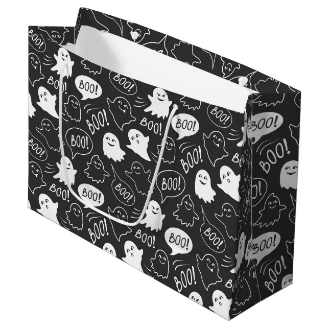 B&W Cute Doodle Halloween Pattern Large Gift Bag (Front Angled)
