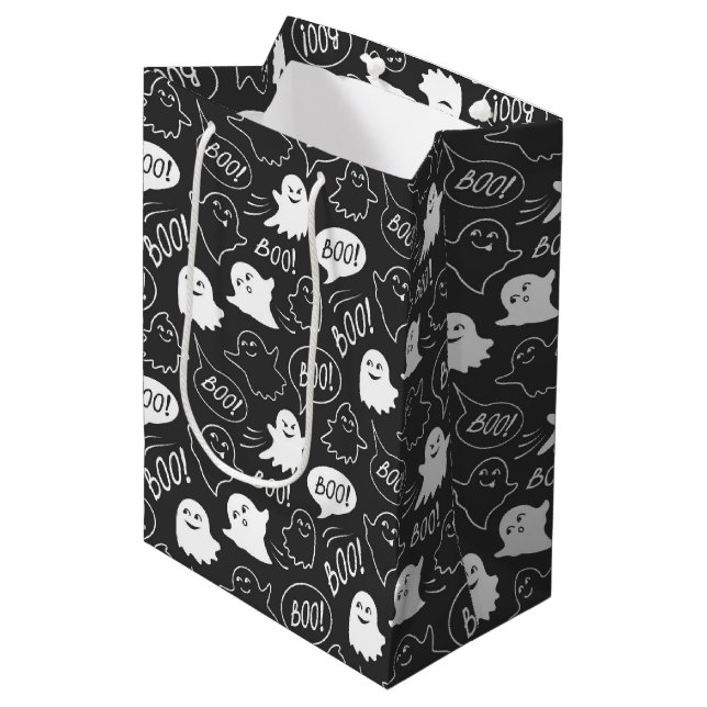 B&W Cute Doodle Halloween Pattern Medium Gift Bag (Front Angled)